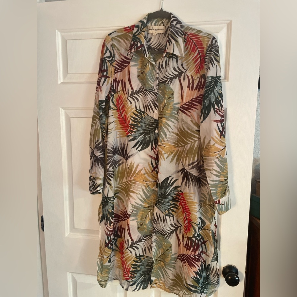 Tropical Leaf Print Long Shirt Dress